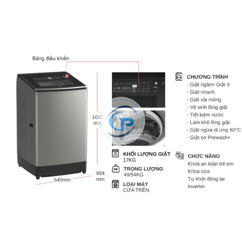 Máy giặt Hitachi Inverter 17 kg SF-170ZCV SS