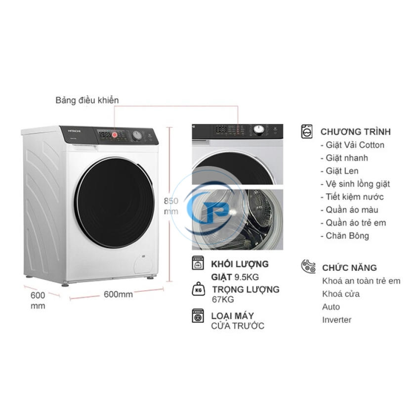 Máy giặt Hitachi Inverter 9.5 kg BD-954HVOW
